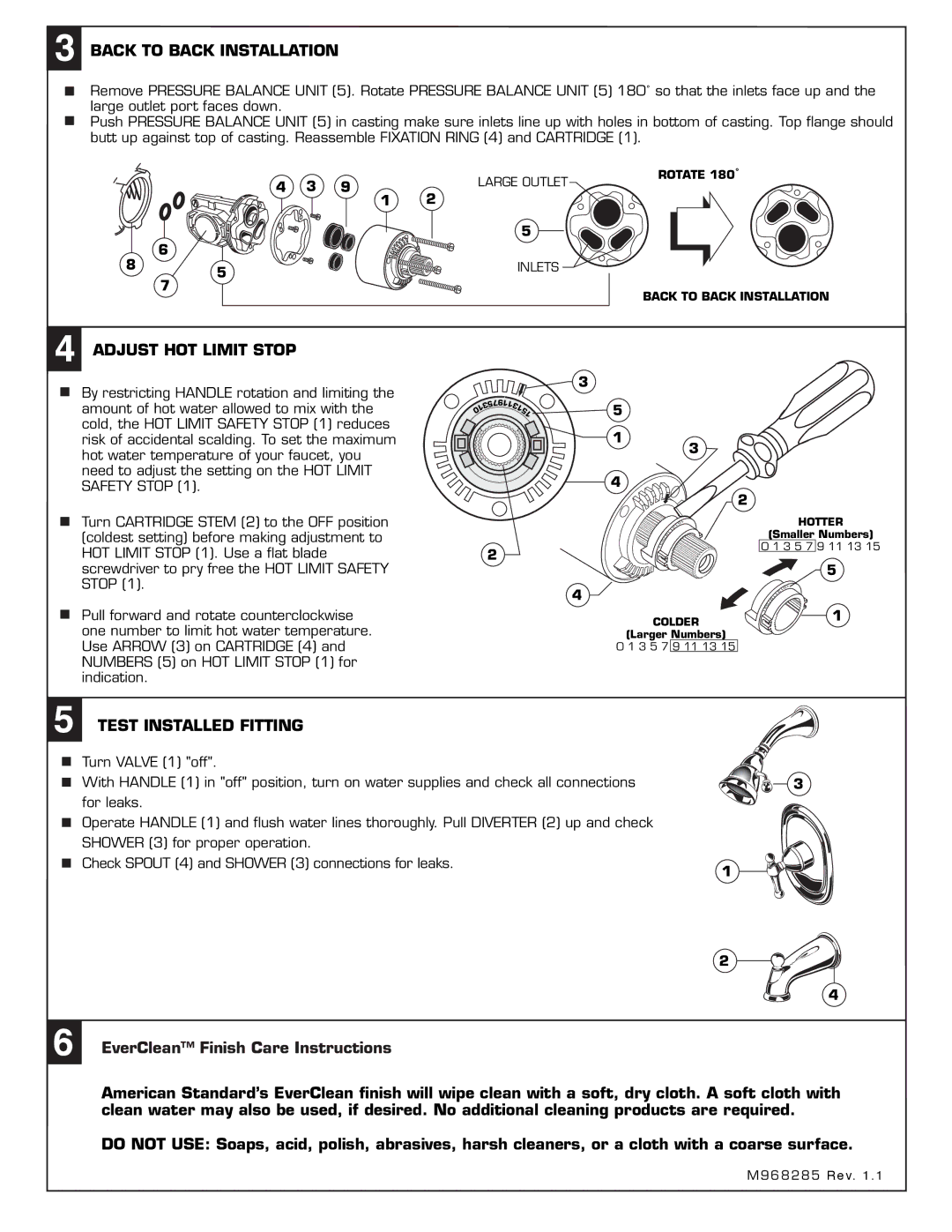 American Standard T373.522, T373.501, T373.520 Back to Back Installation, Adjust HOT Limit Stop, Test Installed Fitting 