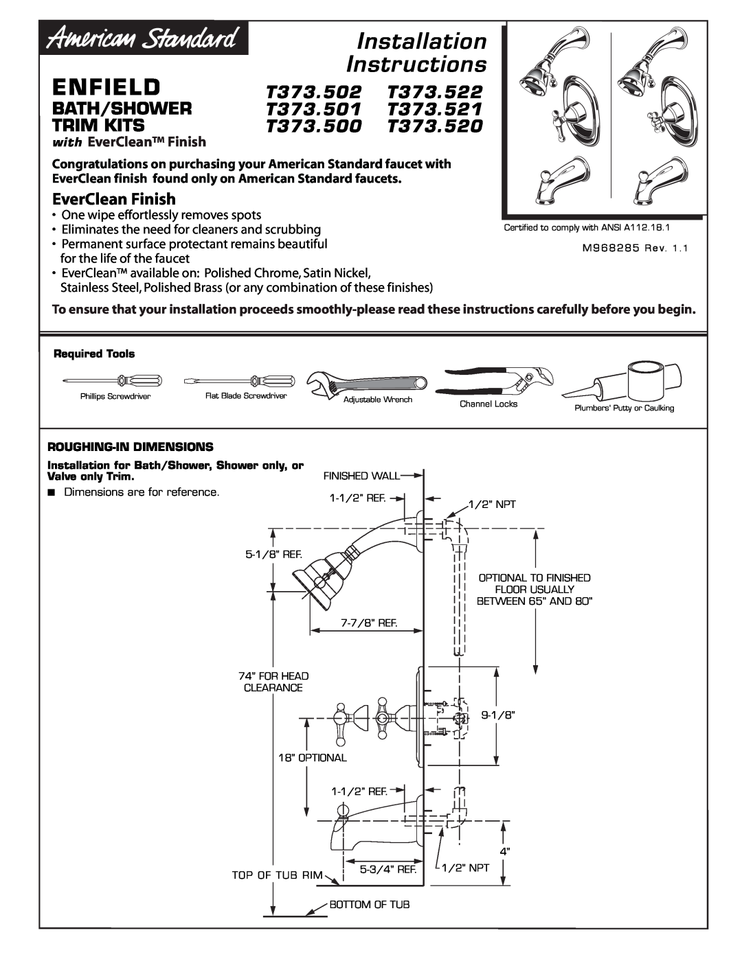 American Standard T373.520 installation instructions Installation Instructions, Enfield, T373.502, T373.522, Bath/Shower 