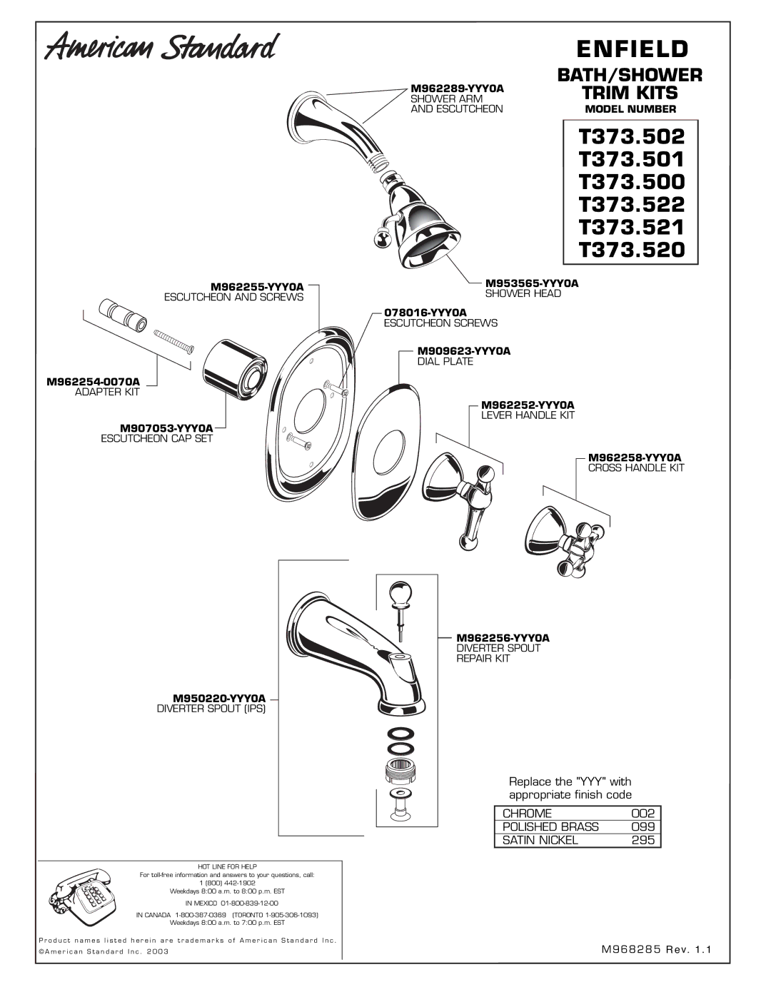 American Standard T373.502 manual Enfield 