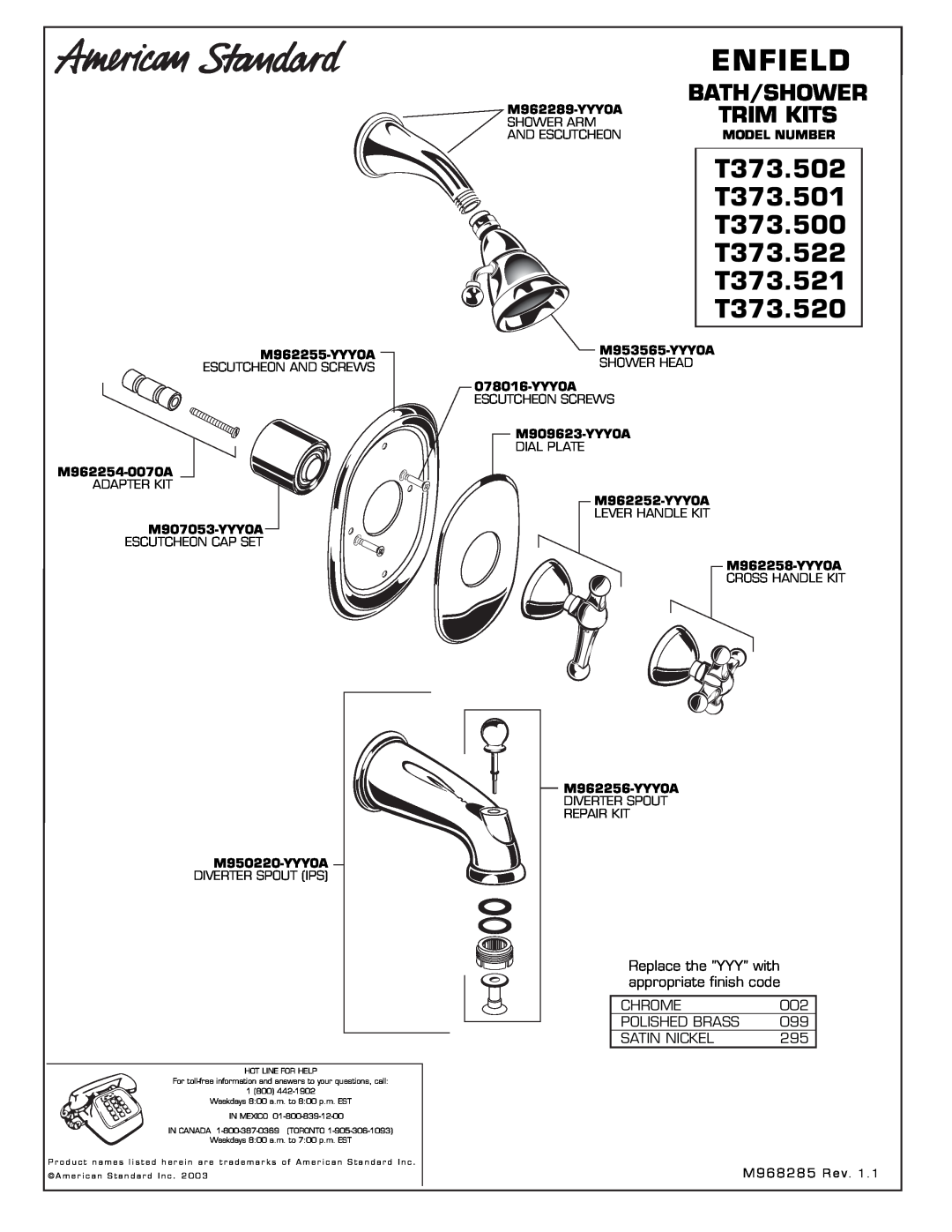 American Standard T373.502 manual Enfield, T373.501, T373.500, T373.522, T373.521, T373.520, Bath/Shower, Trim Kits 