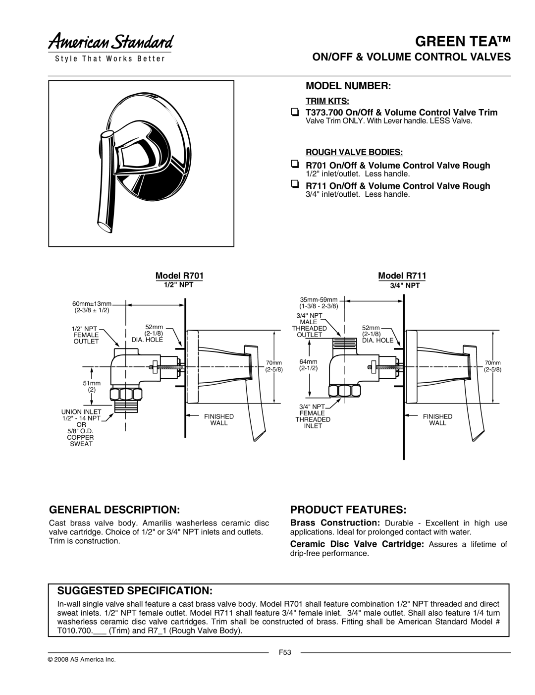 American Standard T373.700 manual ON/OFF & Volume Control Valves Model Number, General Description, Trim Kits 