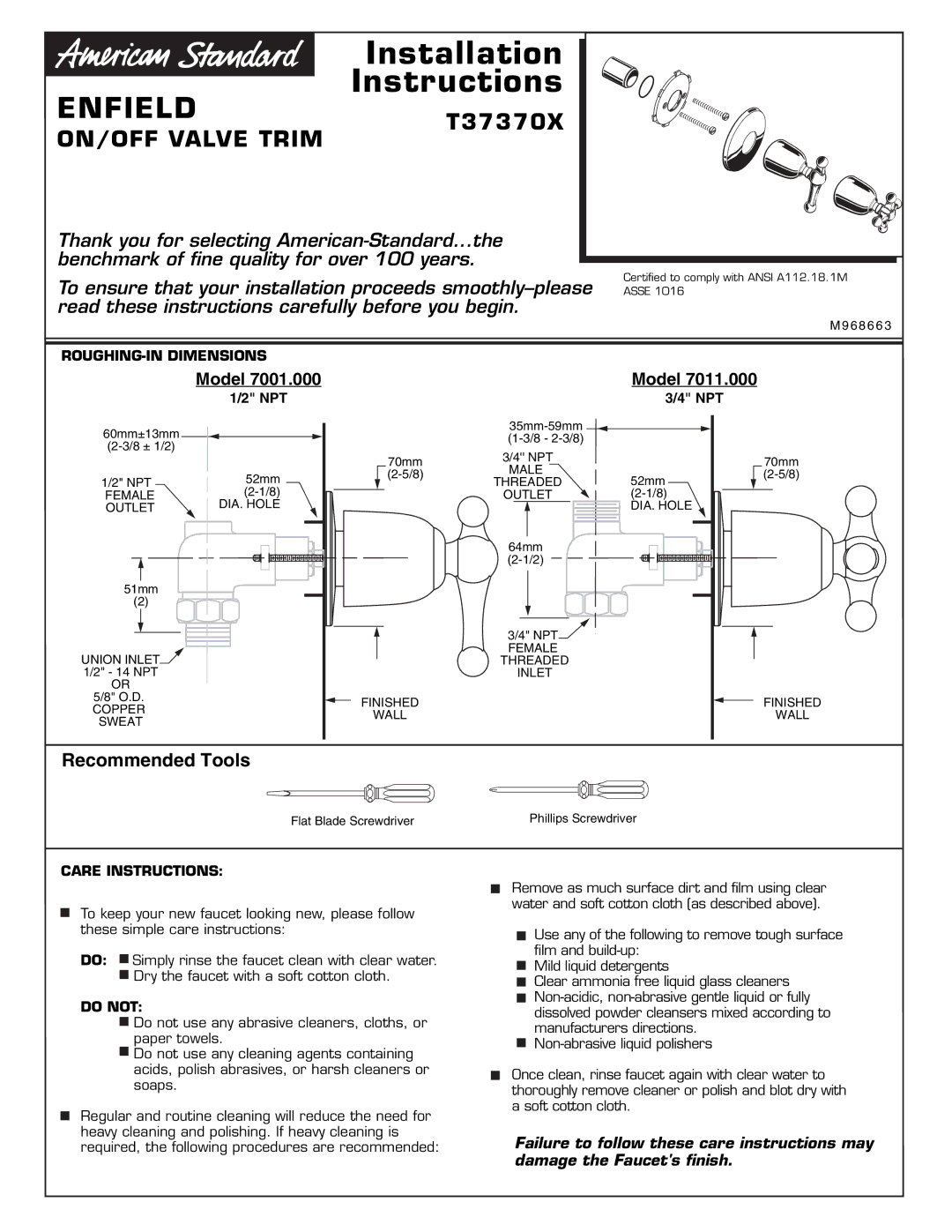 American Standard M968663, T37370X installation instructions ROUGHING-IN Dimensions, Npt, Care Instructions, Do not 