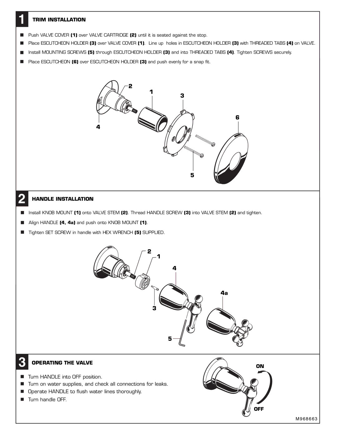 American Standard T37370X, M968663 Trim Installation, Handle Installation, Operating the Valve, Off 