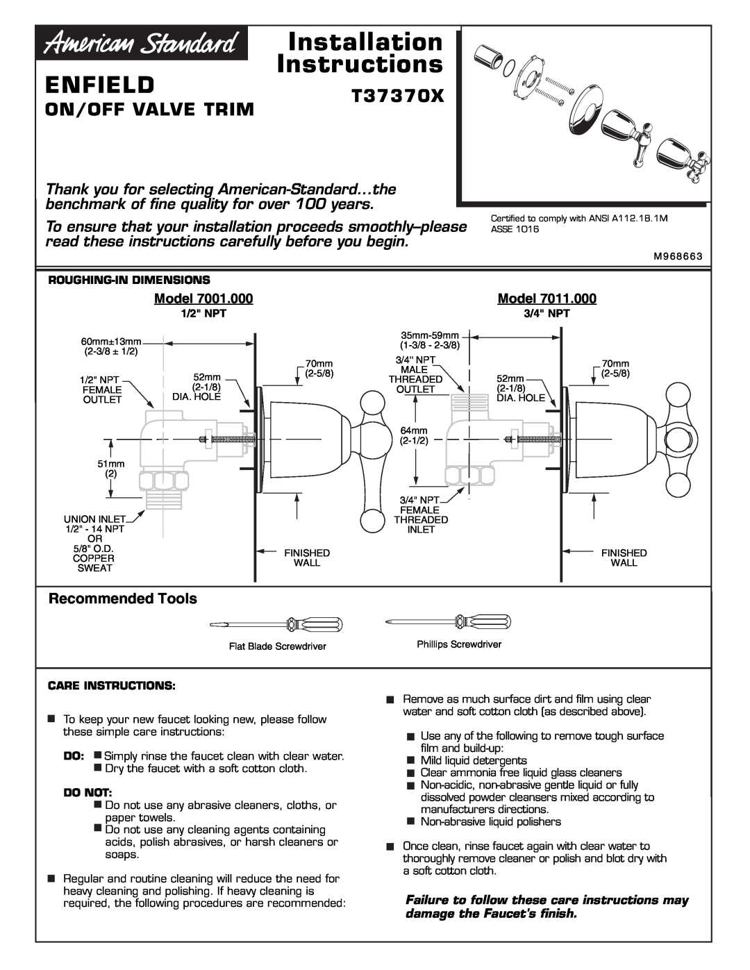 American Standard M968663 installation instructions Enfield, T37370X, On/Off Valve Trim, Installation, Instructions 