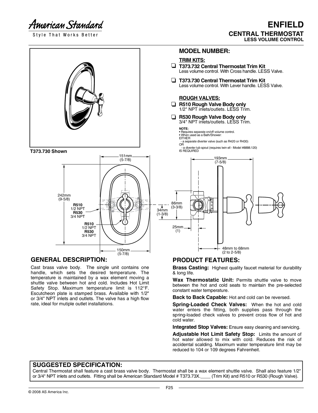 American Standard T373.730, T373.732 manual Central Thermostat, Model Number, General Description, Suggested Specification 