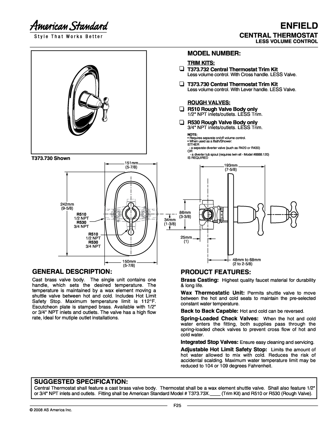 American Standard T373.730 manual Enfield, Central Thermostat, Model Number, General Description, Suggested Specification 