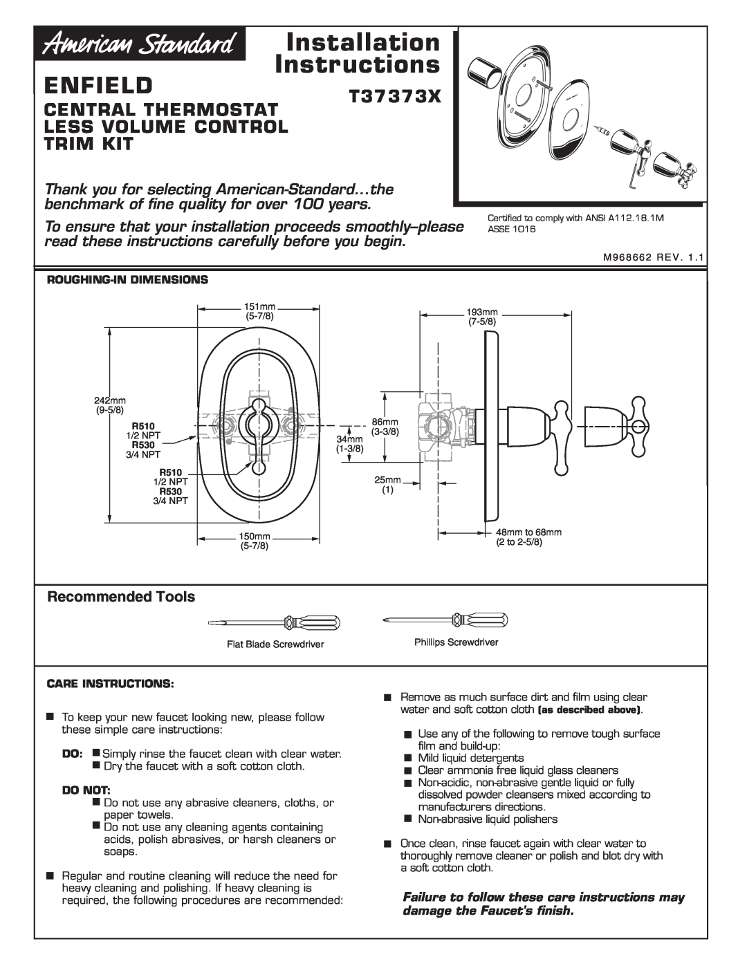 American Standard installation instructions ENFIELDT37373X, Central Thermostat Less Volume Control Trim Kit 