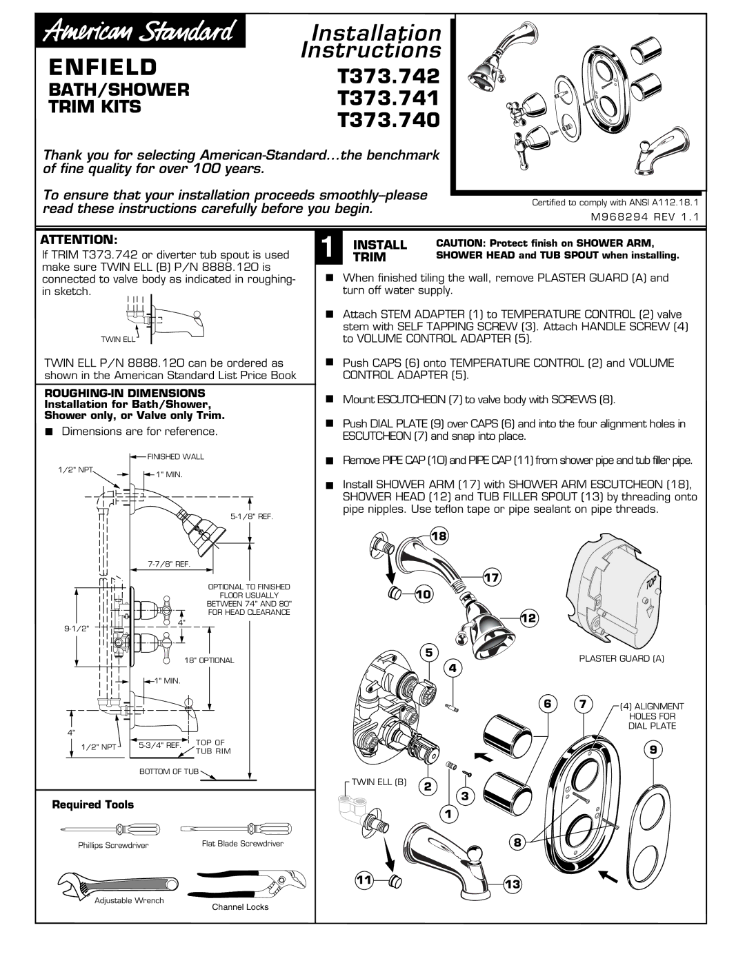 American Standard T373.741 installation instructions ENFIELDT373.742, T373.740, Triminstall, ROUGHING-IN Dimensions 