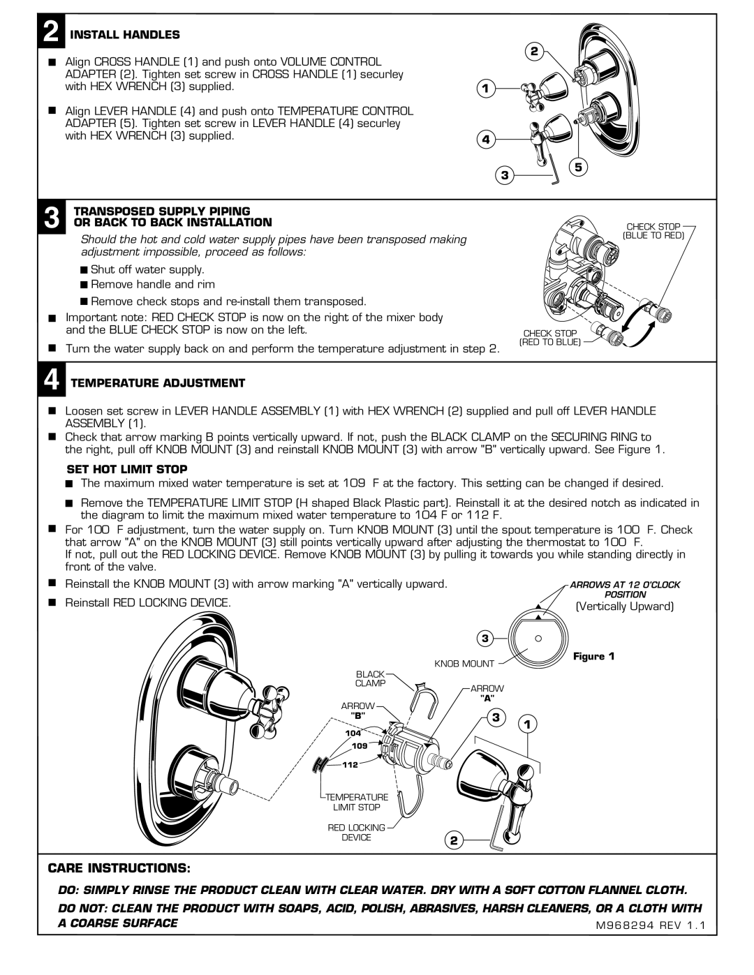 American Standard T373.742 Care Instructions, Install Handles, Transposed Supply Piping or Back to Back Installation 