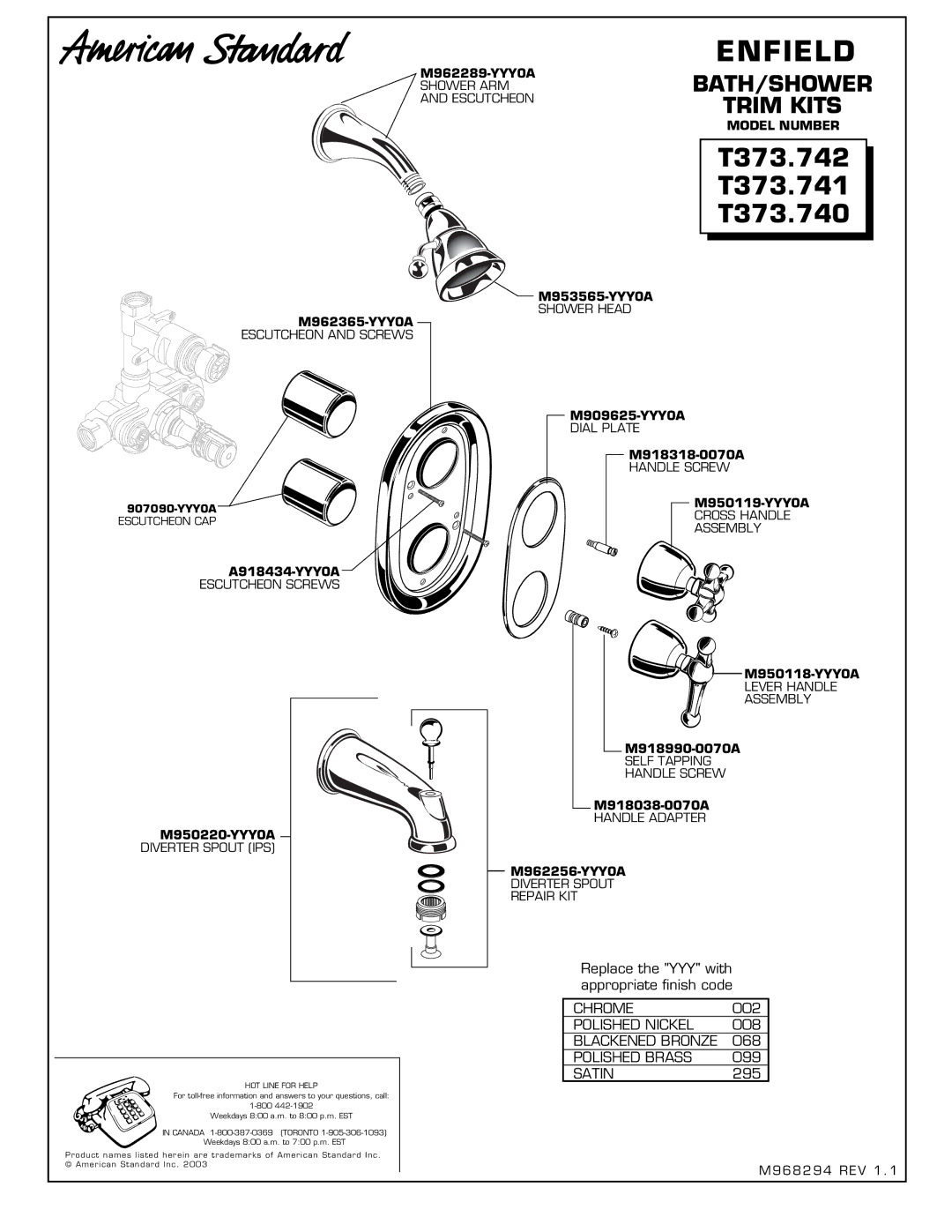 American Standard installation instructions Enfield, T373.742 T373.741 T373.740, Model Number 