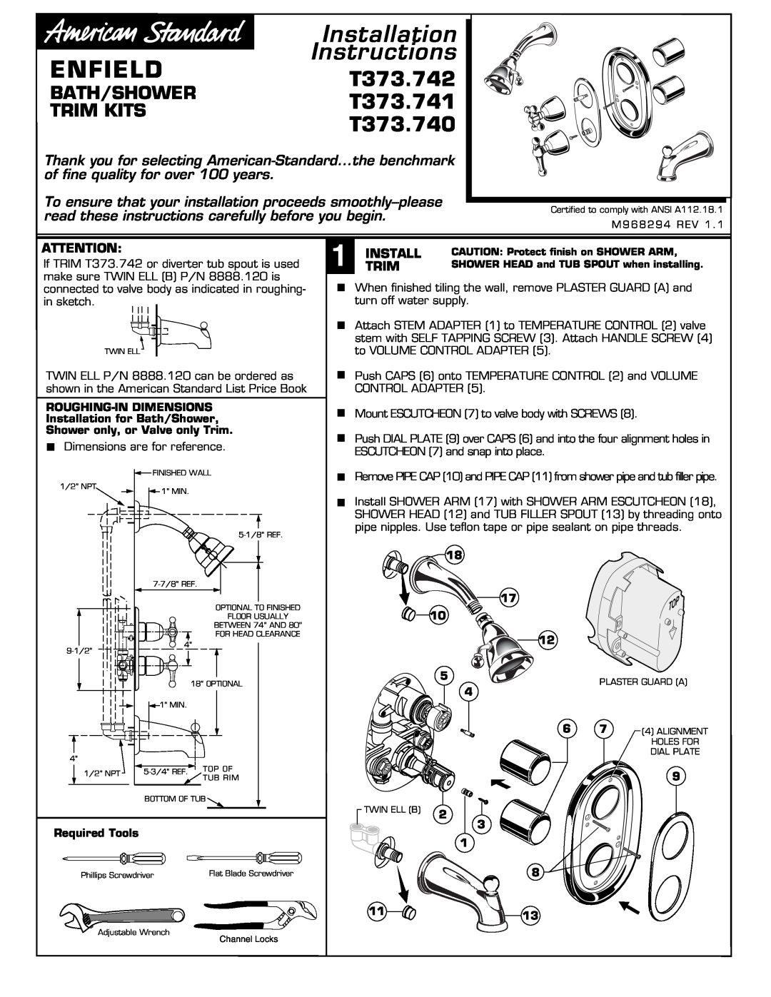 American Standard installation instructions ENFIELDT373.742, T373.740, BATH/SHOWERT373.741 TRIM KITS 