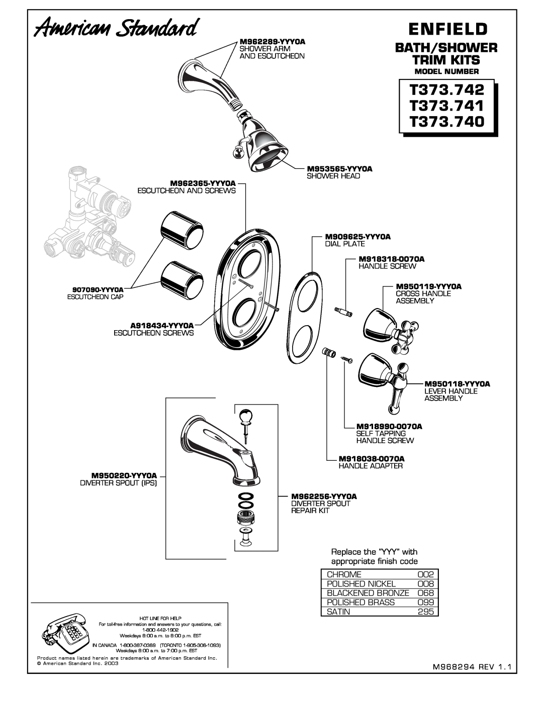 American Standard installation instructions Enfield, T373.742 T373.741 T373.740, Bath/Shower Trim Kits 