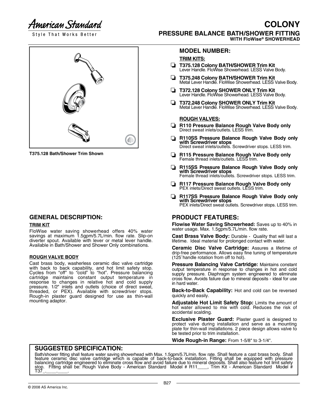 American Standard T375.128, T372.128 manual T375.248 Colony BATH/SHOWER Trim Kit, T372.248 Colony Shower only Trim Kit 