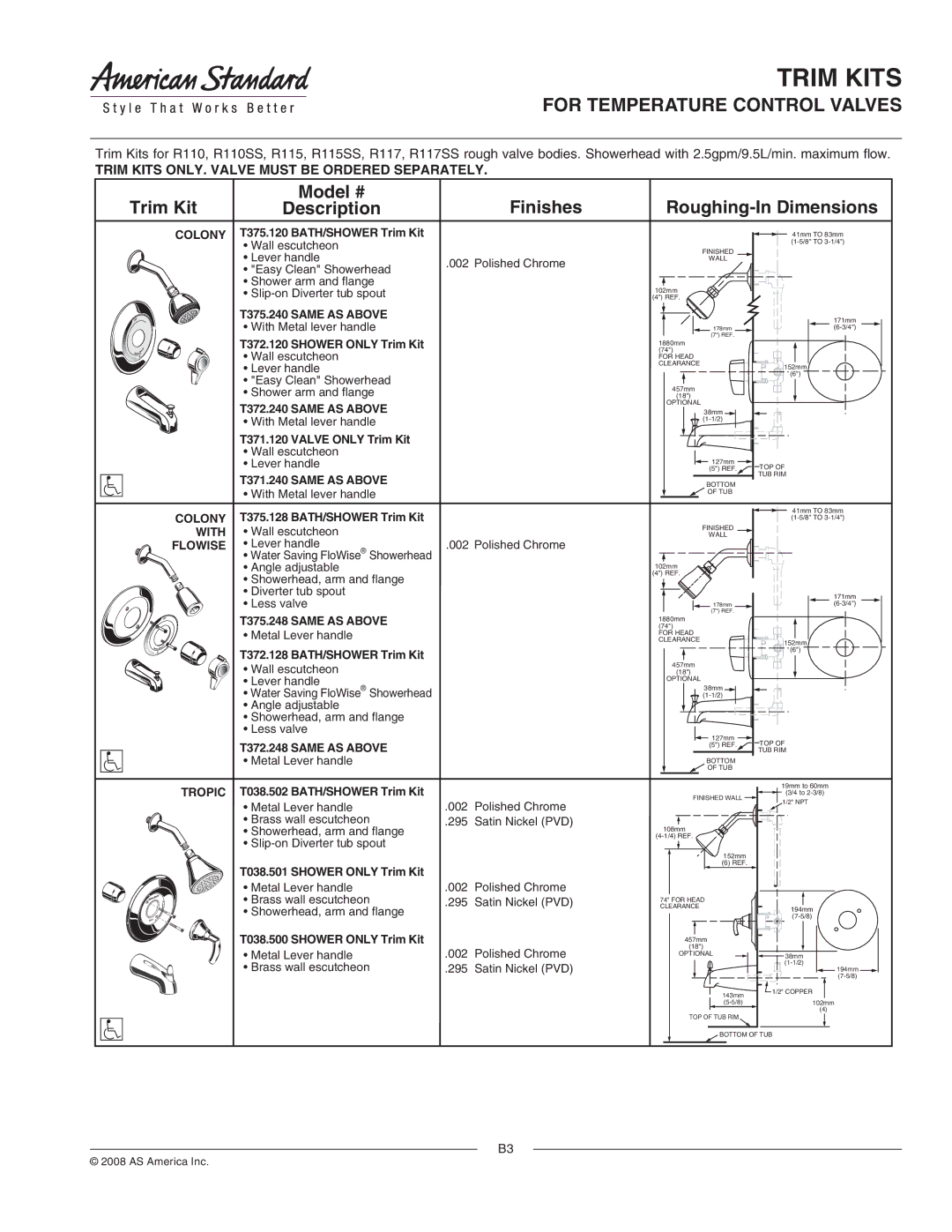 American Standard T375.248, T375.128, T372.128, T372.248 manual Trim Kits, For Temperature Control Valves 