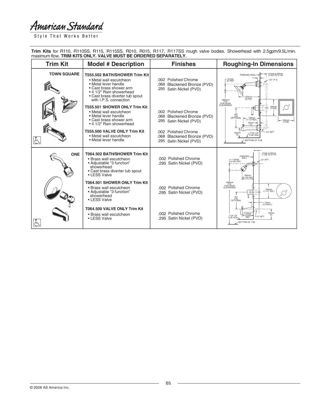 American Standard T372.248, T375.128, T375.248 Town Square T555.502 BATH/SHOWER Trim Kit, T555.501 Shower only Trim Kit 