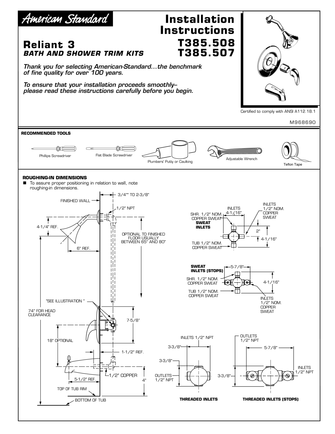 American Standard T385.507 installation instructions Reliant T385.508 