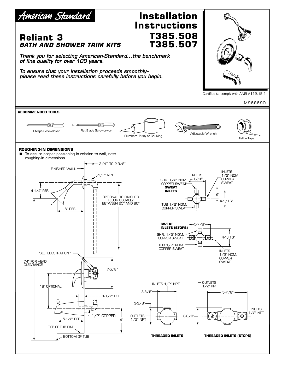 American Standard T385.507 installation instructions Reliant, T385.508, Installation Instructions 