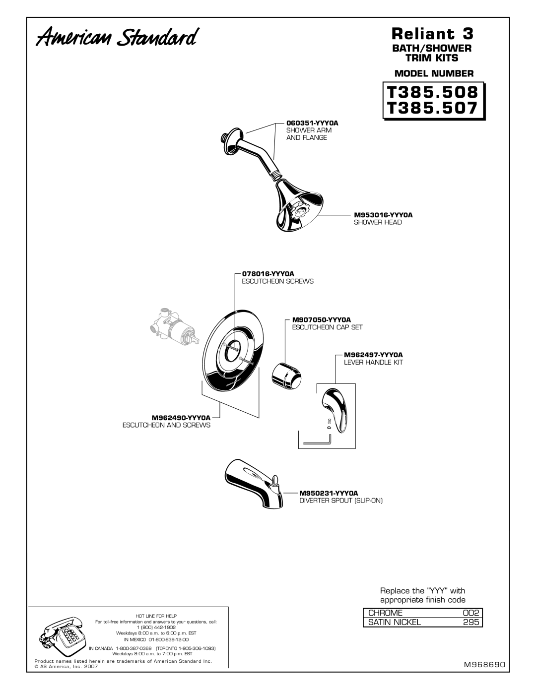 American Standard T385.508 T385.507, Bath/Shower Trim Kits, Reliant, Model Number, M962490-YYY0A, Escutcheon And Screws 