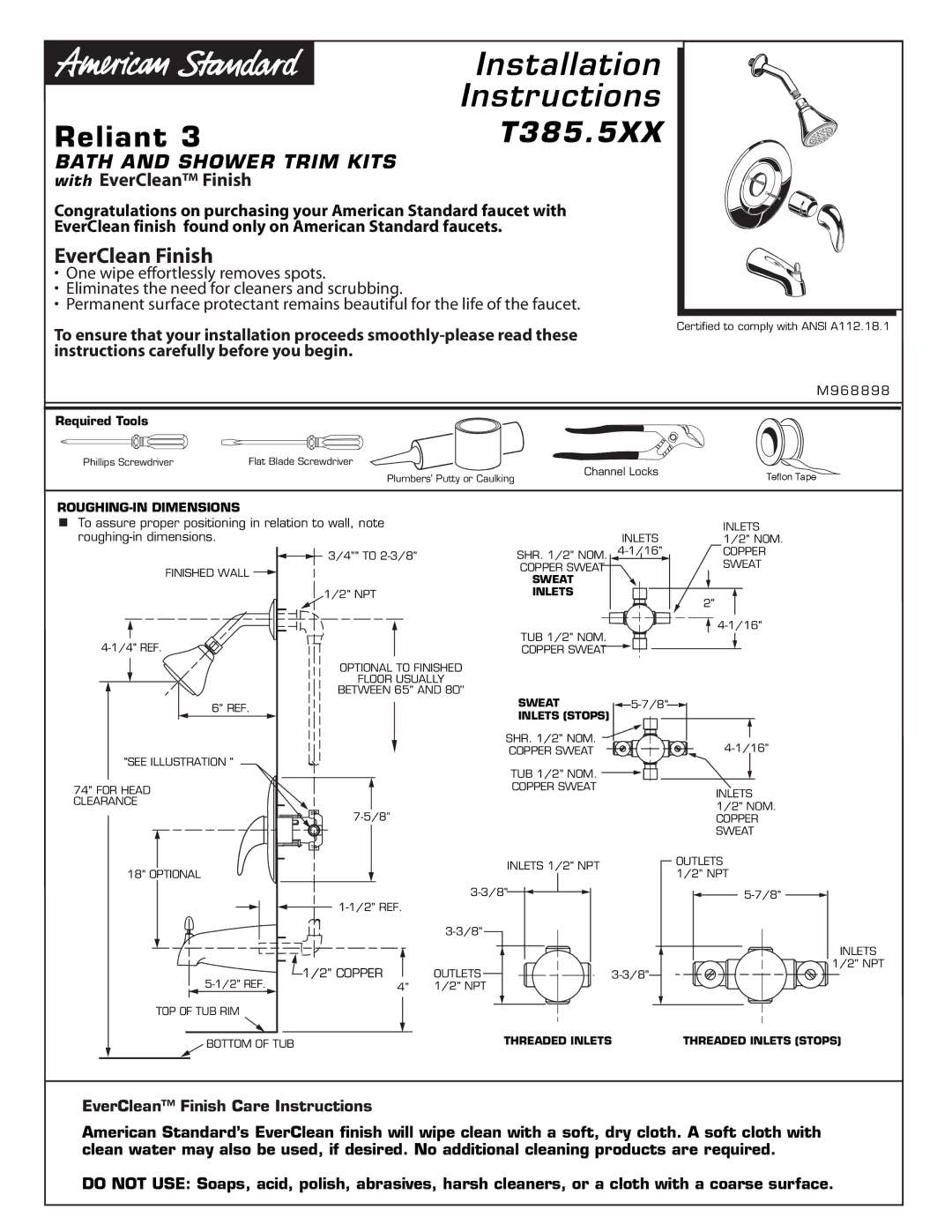 American Standard T385.5XX installation instructions Installation 