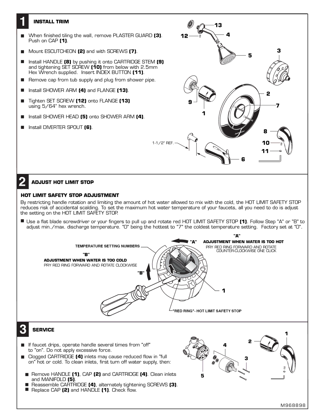 American Standard T385.5XX Install Trim, Adjust HOT Limit Stop HOT Limit Safety Stop Adjustment, Service 