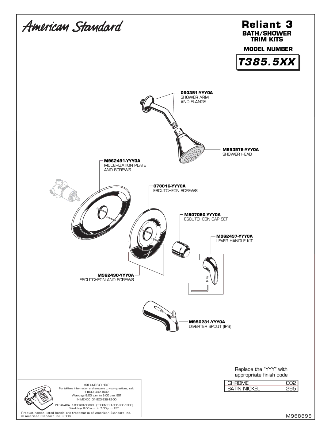 American Standard T385.5XX installation instructions BATH/SHOWER Trim Kits 