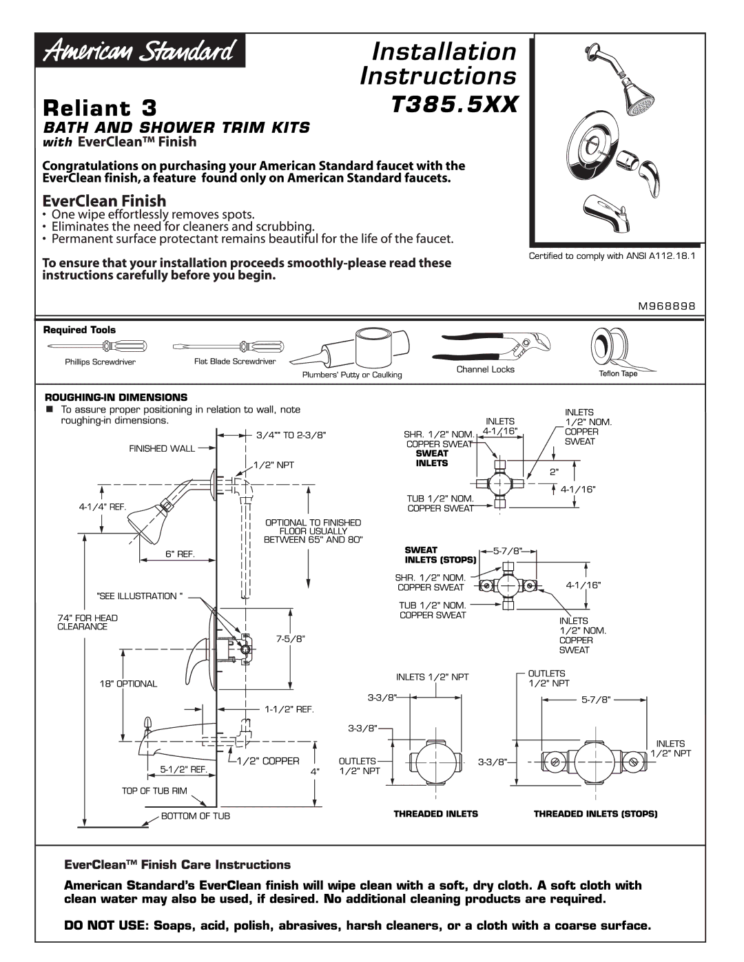 American Standard Reliant 3 Bath and Shower Trim Kits with EverClean Finish, T385.5XX manual 