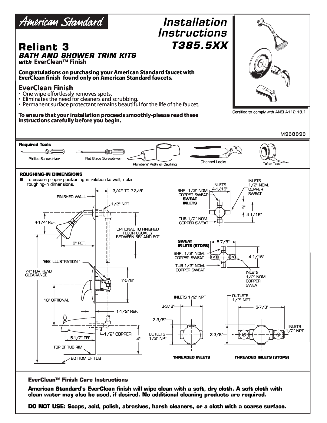 American Standard T385.5XX installation instructions Reliant, Installation, Instructions, EverClean Finish 