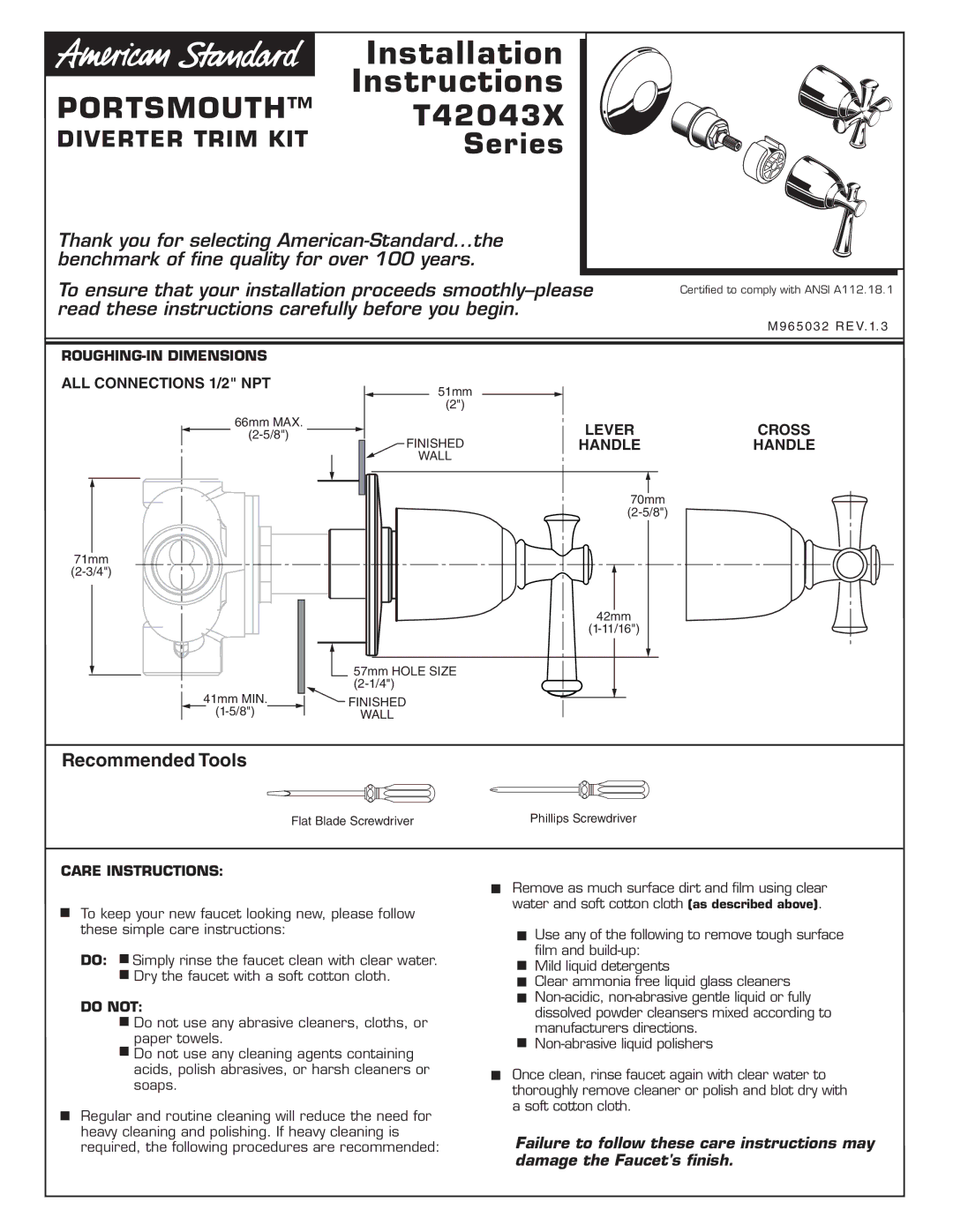 American Standard Diverter Trim Kit installation instructions Installation, Instructions, T42043X, Series 