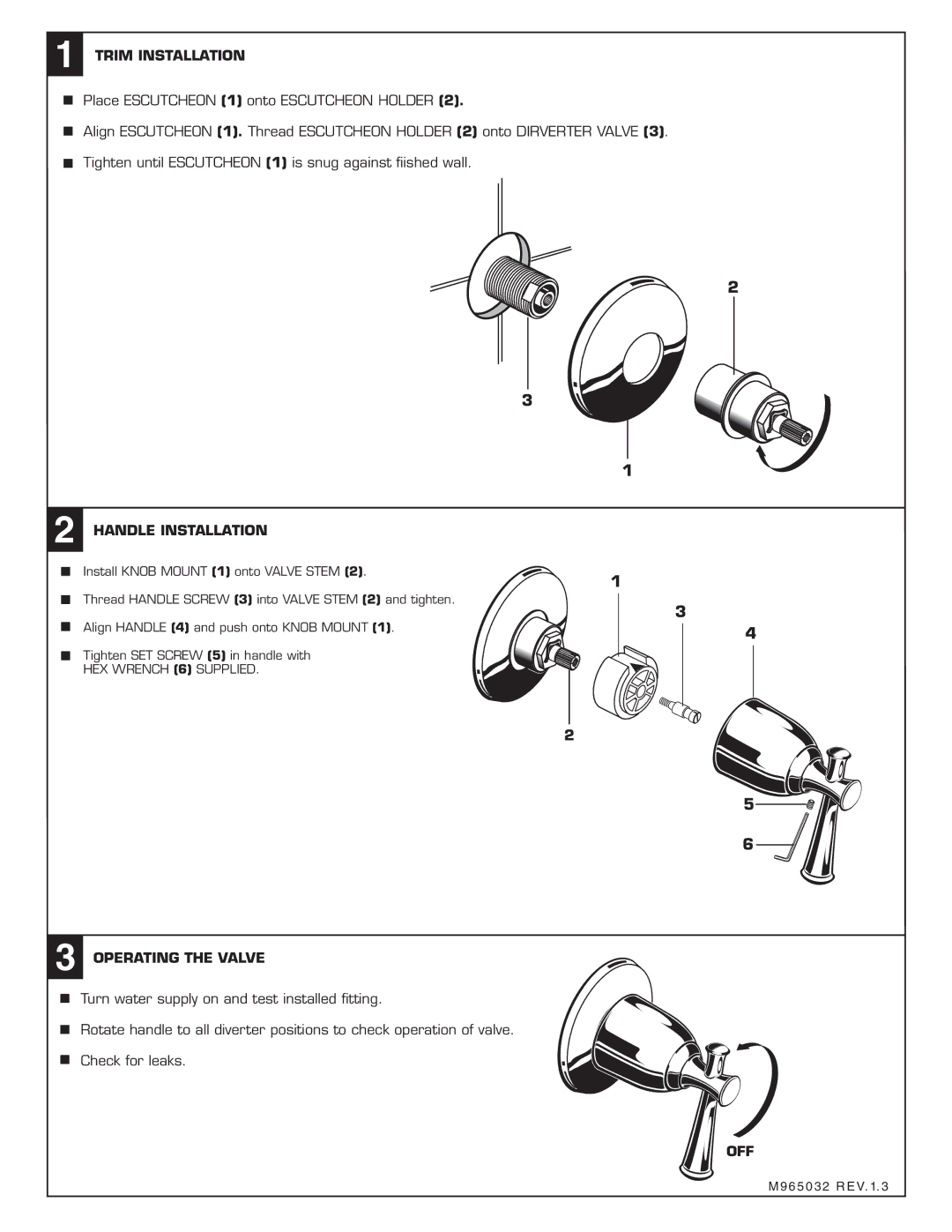 American Standard T42043X, Diverter Trim Kit Trim Installation, Handle Installation, Operating the Valve, Off 