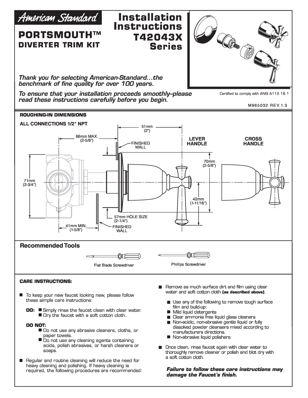 American Standard Diverter Trim Kit installation instructions Installation, Instructions, Portsmouth, T42043X, Series 
