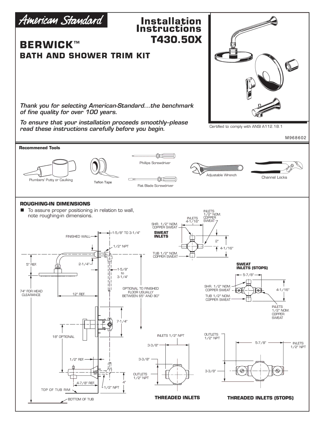 American Standard T430.50X installation instructions Berwick, ROUGHING-IN Dimensions 