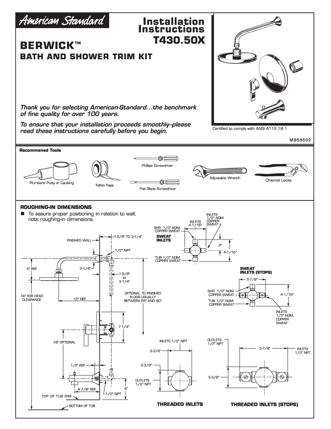 American Standard T430.50X installation instructions Roughing-In Dimensions, Installation, Instructions, Berwick, Sweat 