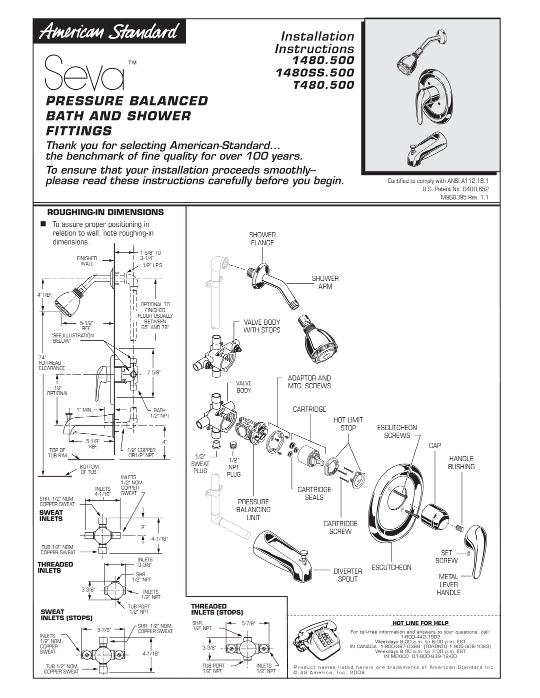 American Standard 1480SS.500 installation instructions Pressure Balanced Bath and Shower Fittings, ROUGHING-IN Dimensions 