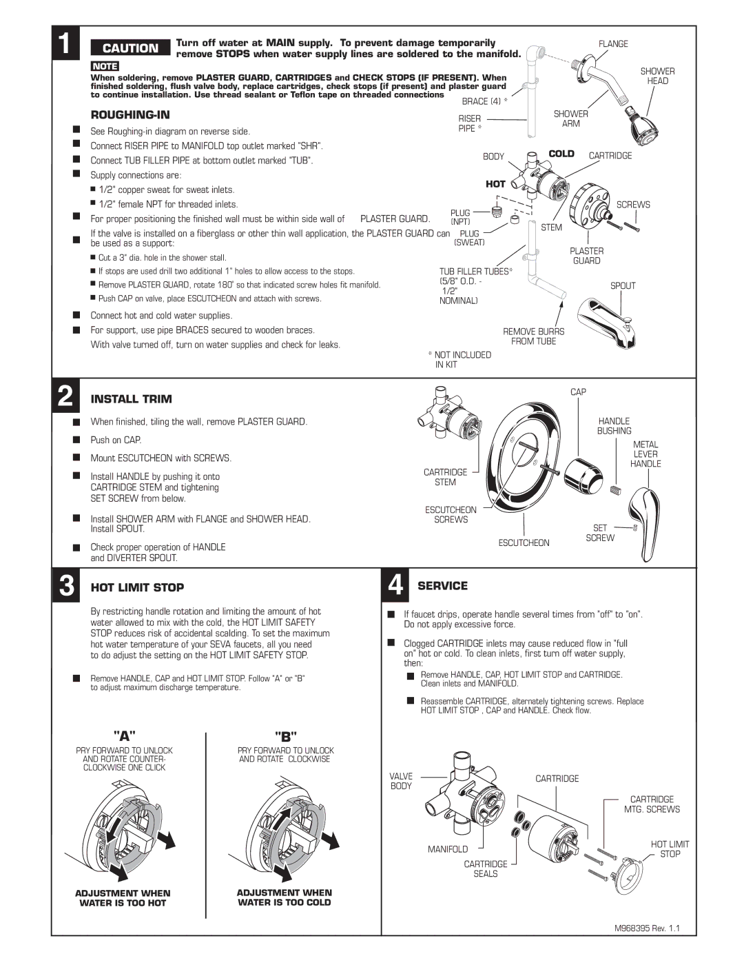 American Standard T480.500, 1480SS.500 installation instructions Roughing-In, Install Trim, HOT Limit Stop, Service 