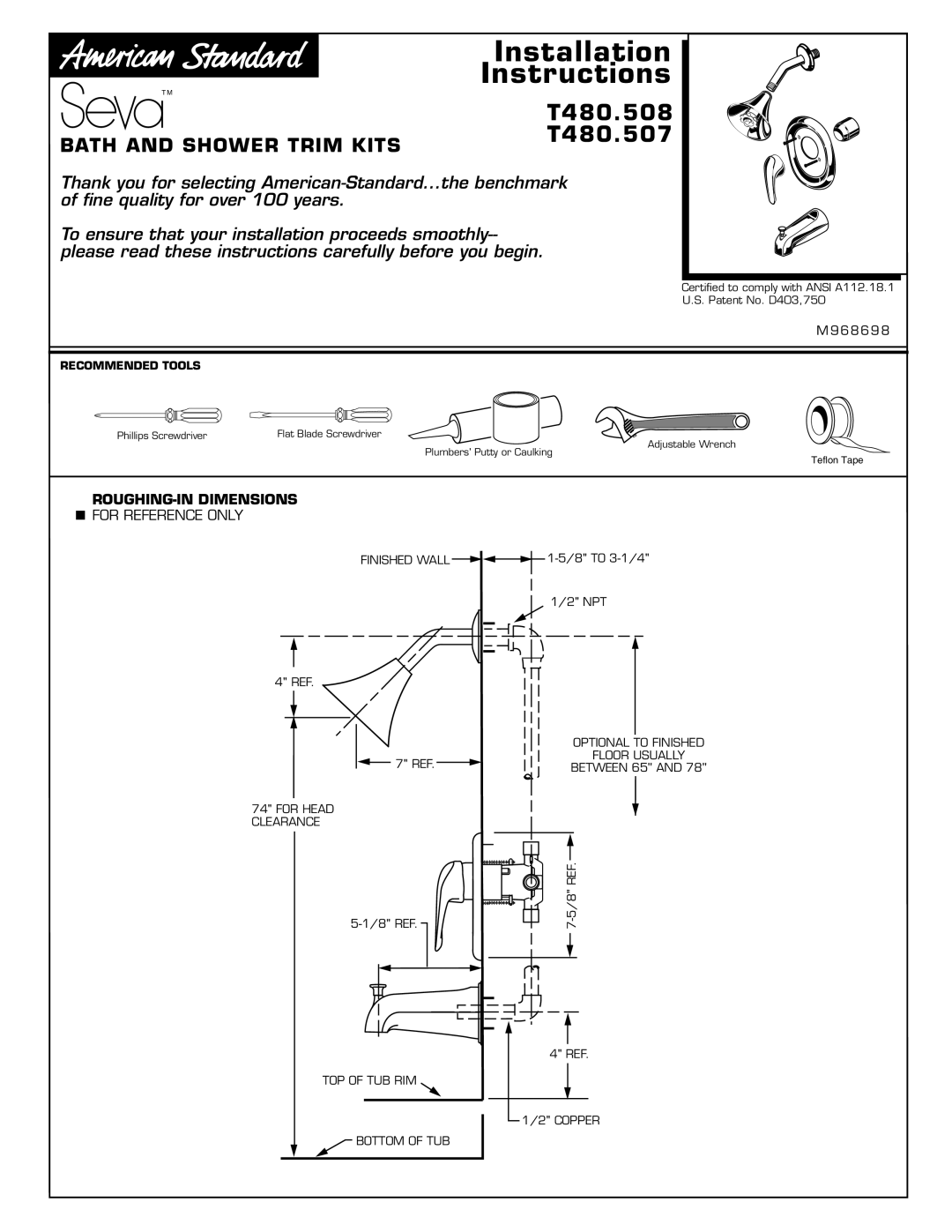 American Standard T480.507, T480.508 installation instructions Installation Instructions, ROUGHING-IN Dimensions 