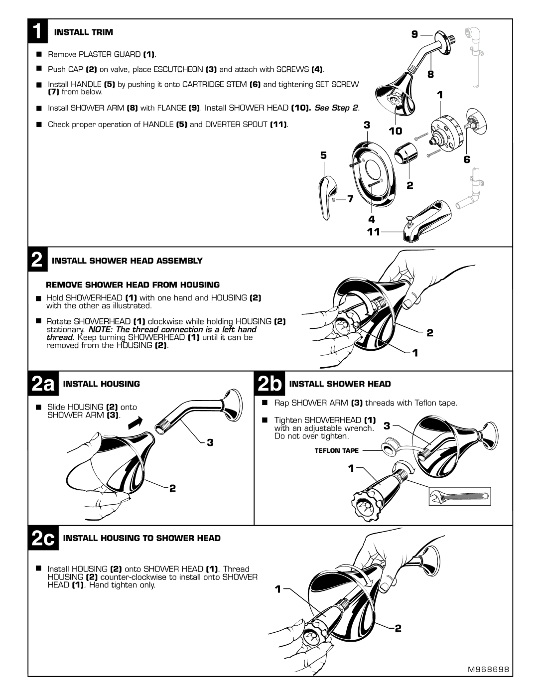 American Standard T480.508 Install Trim, 2a Install Housing 2b Install Shower Head, 2c Install Housing to Shower Head 