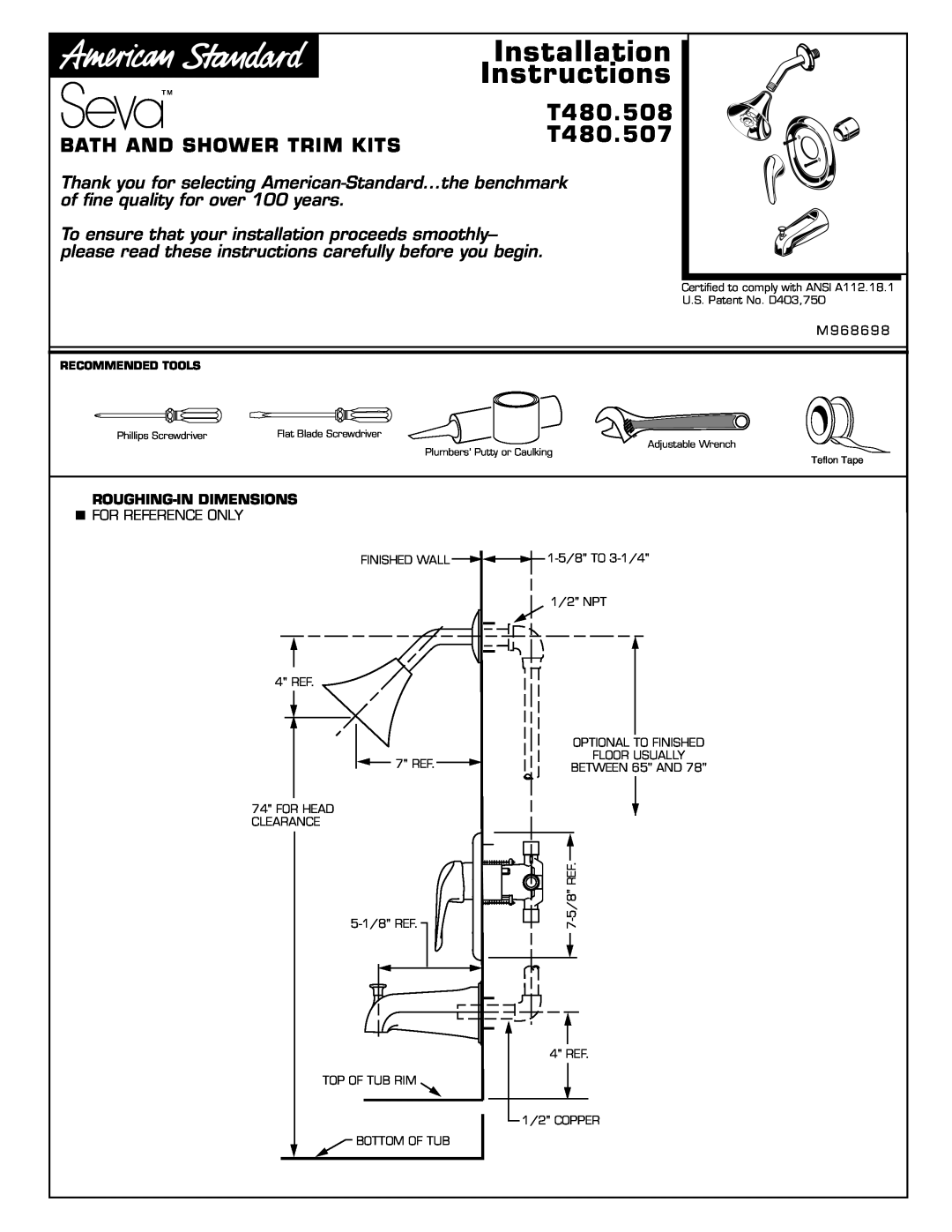 American Standard T480.507 installation instructions Installation Instructions, T480.508, Bath And Shower Trim Kits 