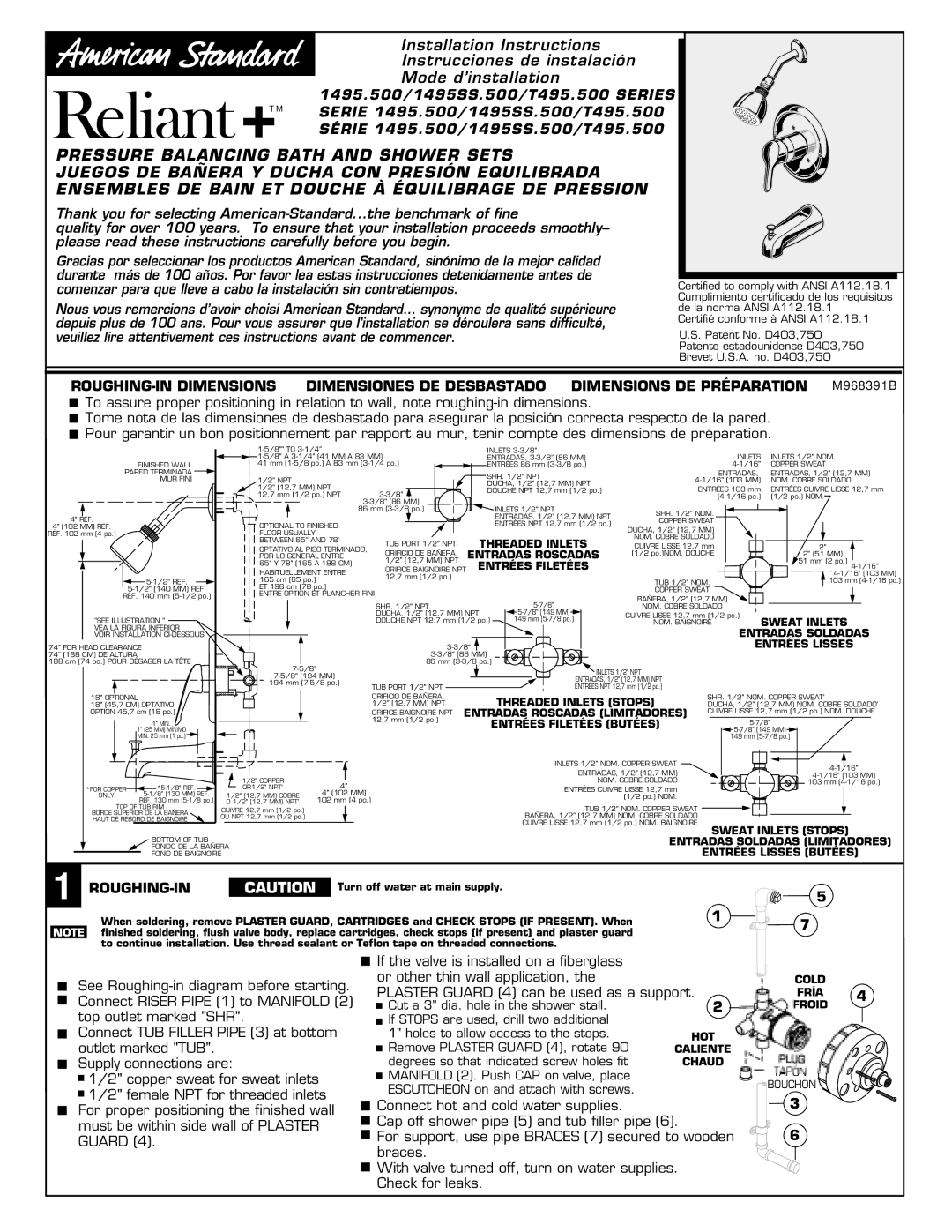 American Standard 1495.500, T495.500 SERIES, 1495SS.500 installation instructions Roughing-In 