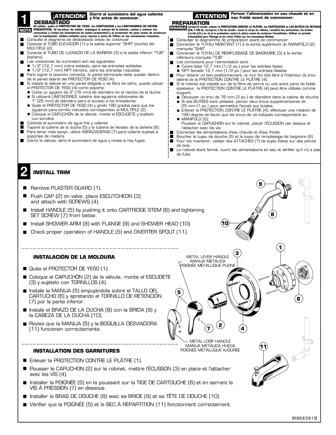 American Standard 1495SS.500 Desbastado, Préparation, Install Trim, Instalación DE LA Moldura, Installation DES Garnitures 