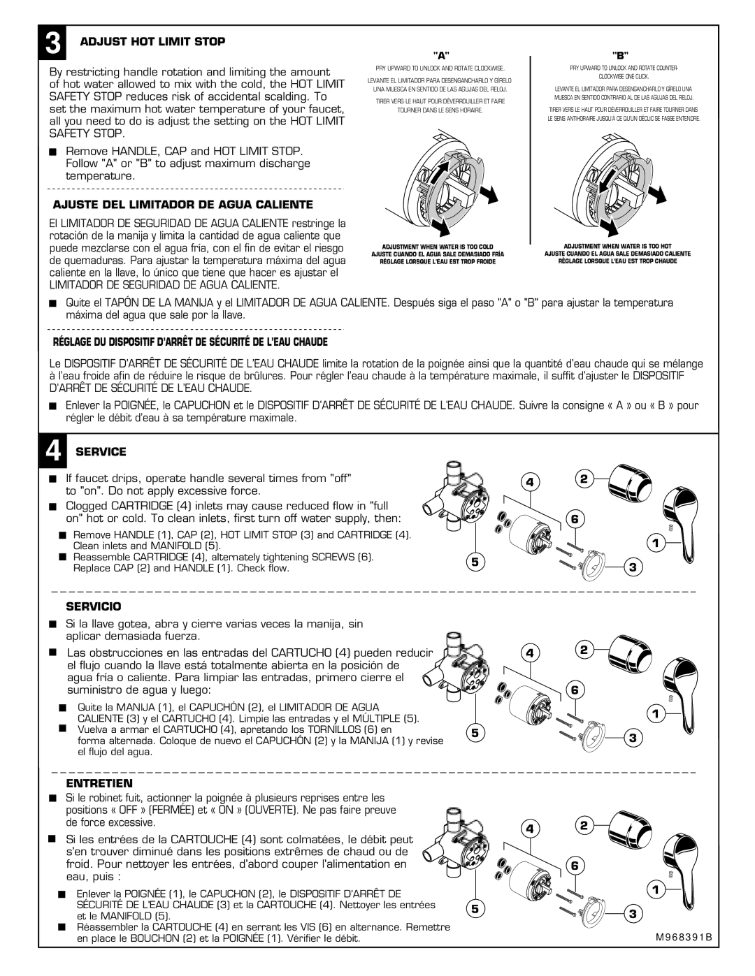 American Standard T495.500 SERIES Adjust HOT Limit Stop, Ajuste DEL Limitador DE Agua Caliente, Service, Servicio 