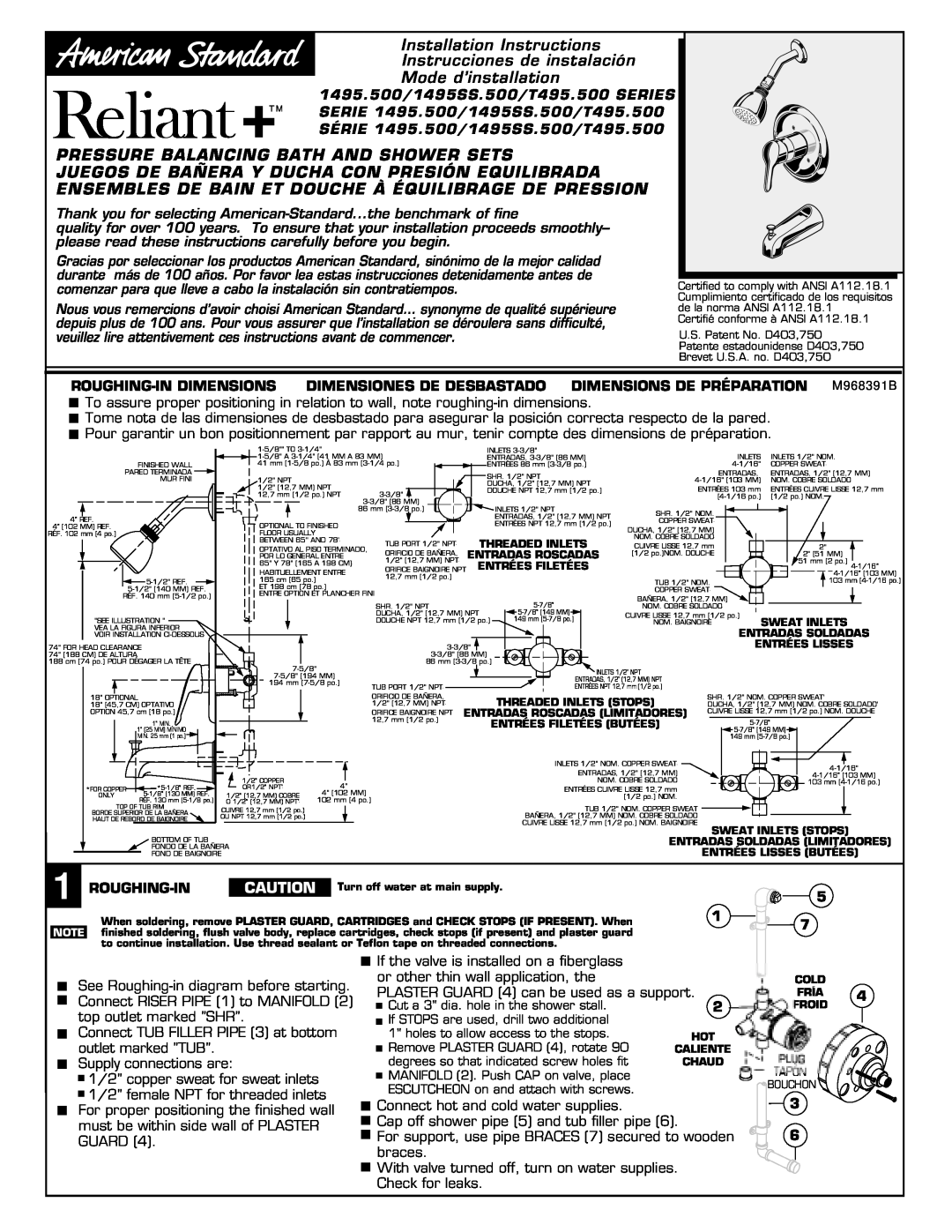 American Standard 1495.500 installation instructions Installation Instructions, Pressure Balancing Bath And Shower Sets 