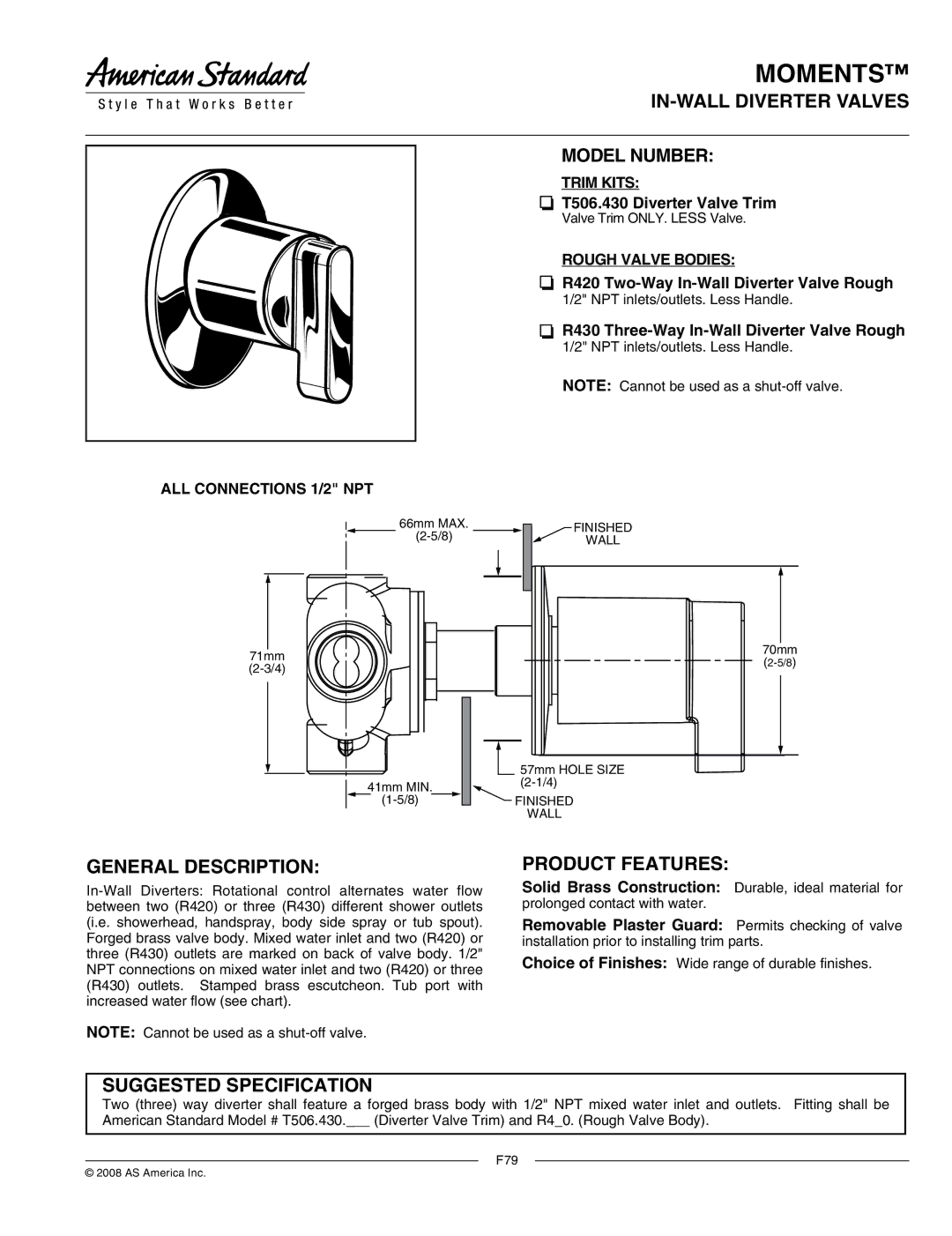 American Standard T506.430 manual IN-WALL Diverter Valves Model Number, General Description, Product Features 