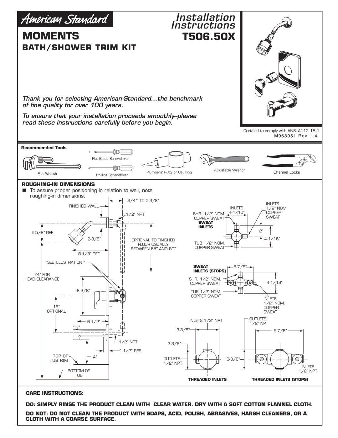 American Standard Bath/Shower Trim Kit installation instructions ROUGHING-IN Dimensions, Sweat Inlets, Inlets Stops 