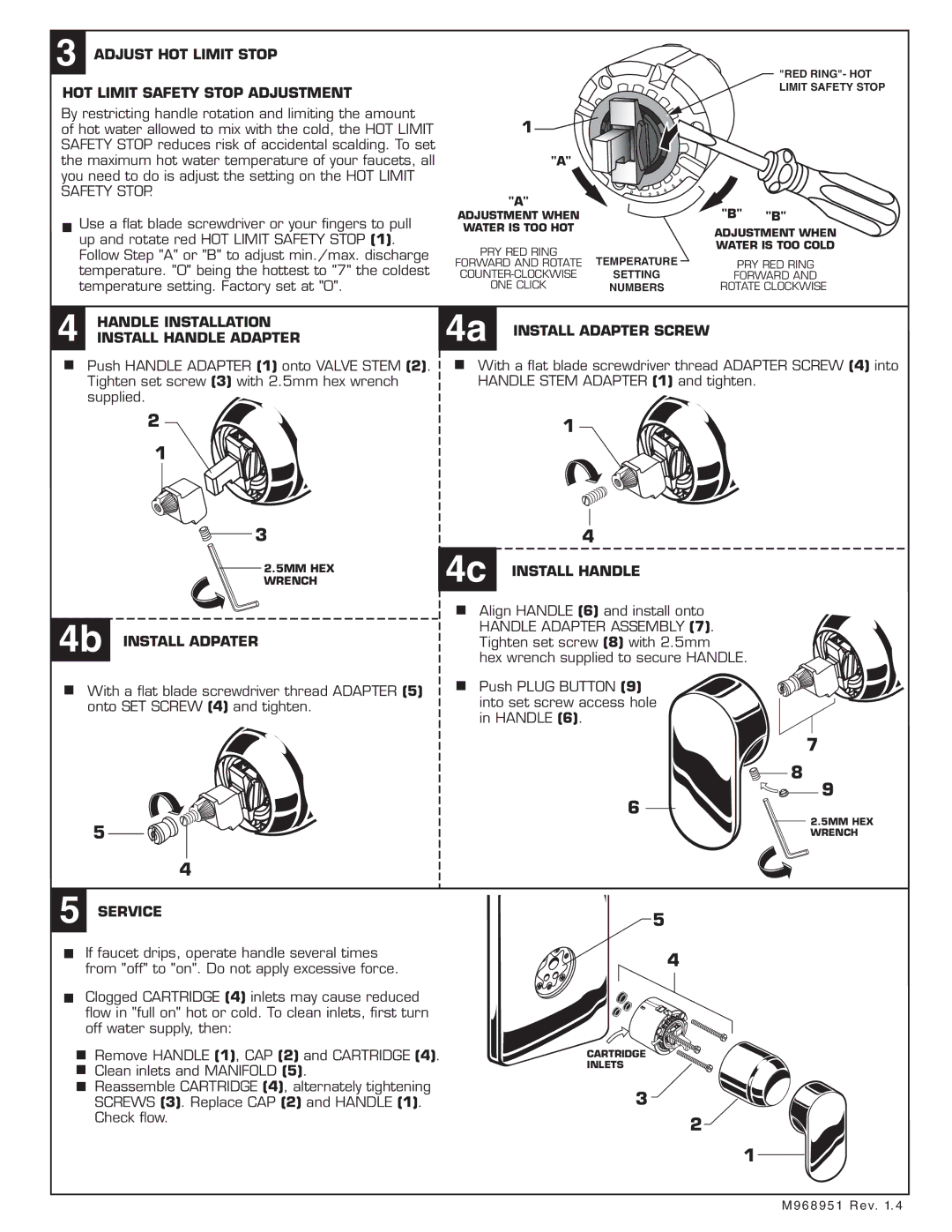 American Standard Bath/Shower Trim Kit Adjust HOT Limit Stop HOT Limit Safety Stop Adjustment, Handle Installation 