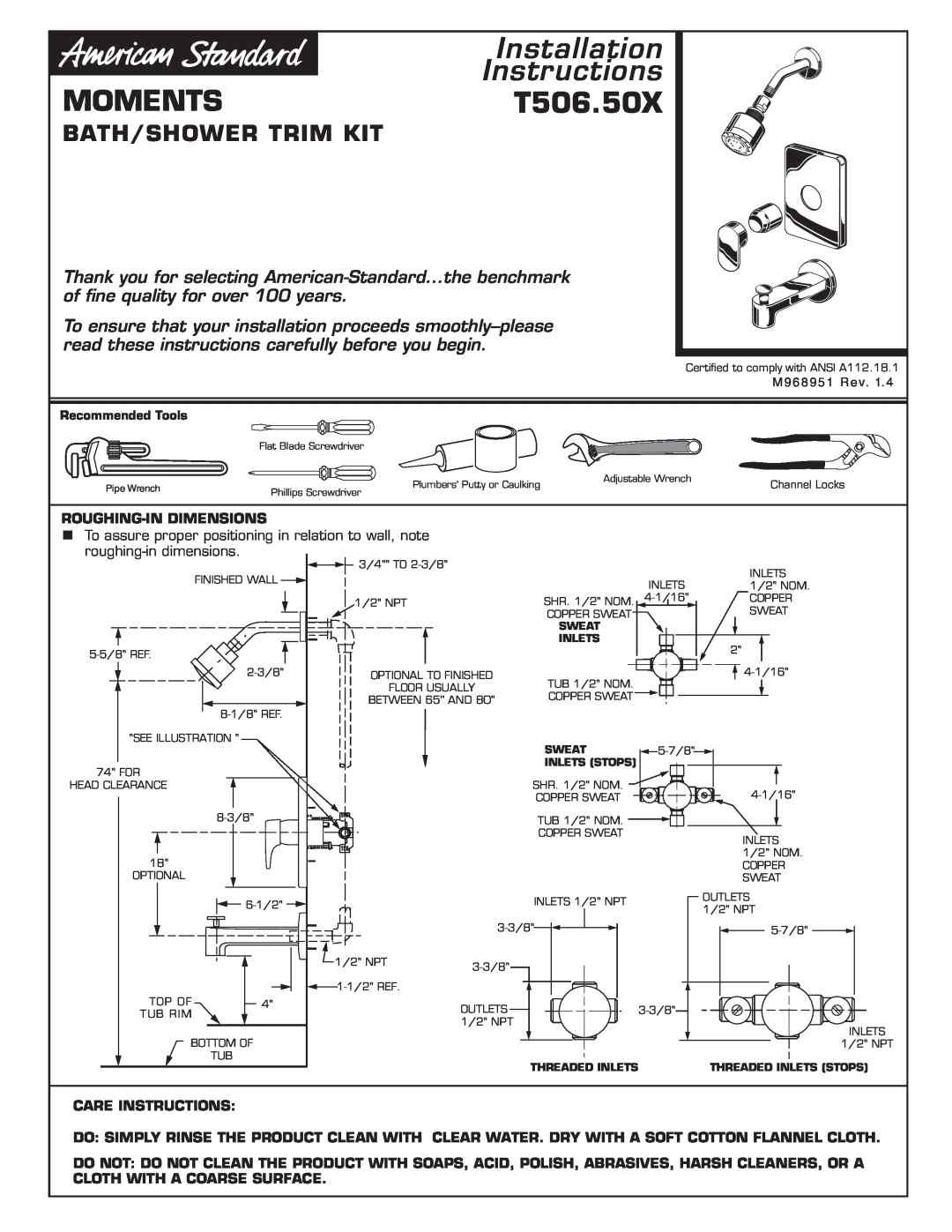 American Standard Bath/Shower Trim Kit installation instructions Installation Instructions, MOMENTST506.50X 