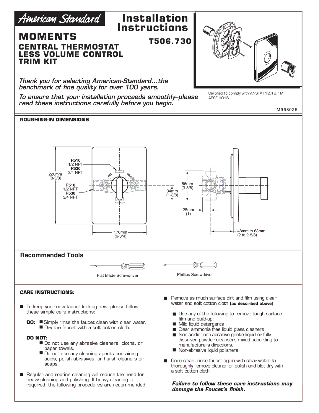 American Standard T506.730 installation instructions Recommended Tools, ROUGHING-IN Dimensions, Care Instructions, Do not 