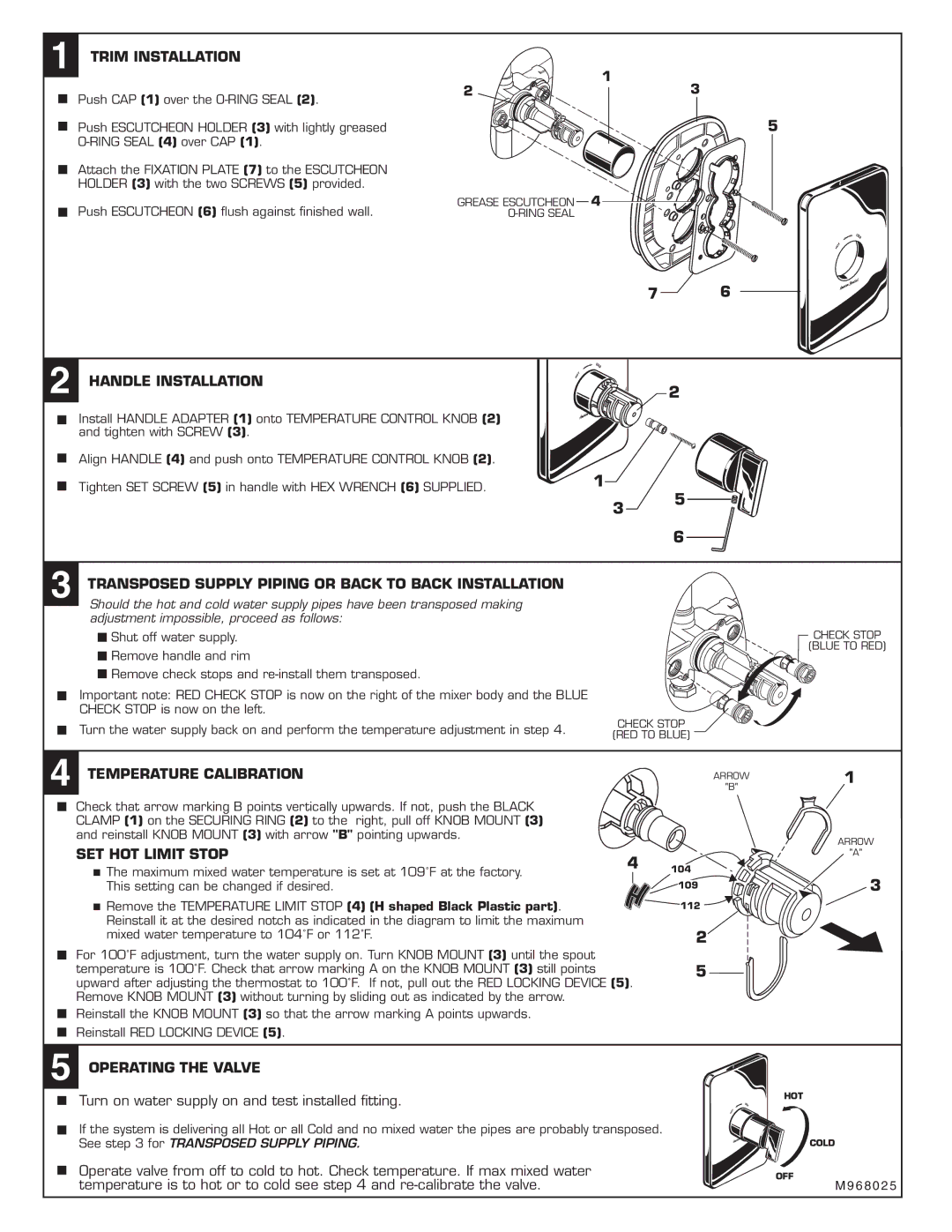 American Standard T506.730 Trim Installation, Handle Installation, Transposed Supply Piping or Back to Back Installation 