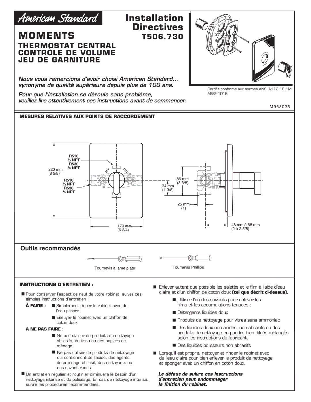 American Standard MOMENTST506.730, Outils recommandés, Mesures Relatives AUX Points DE Raccordement 