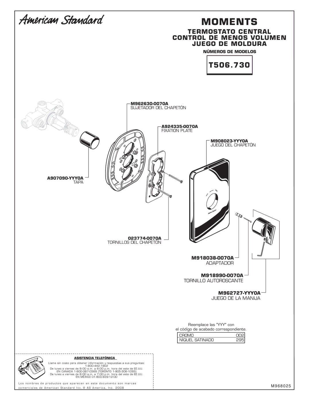 American Standard T506.730 installation instructions Juego DE LA Manija, Asistencia Telefónica 