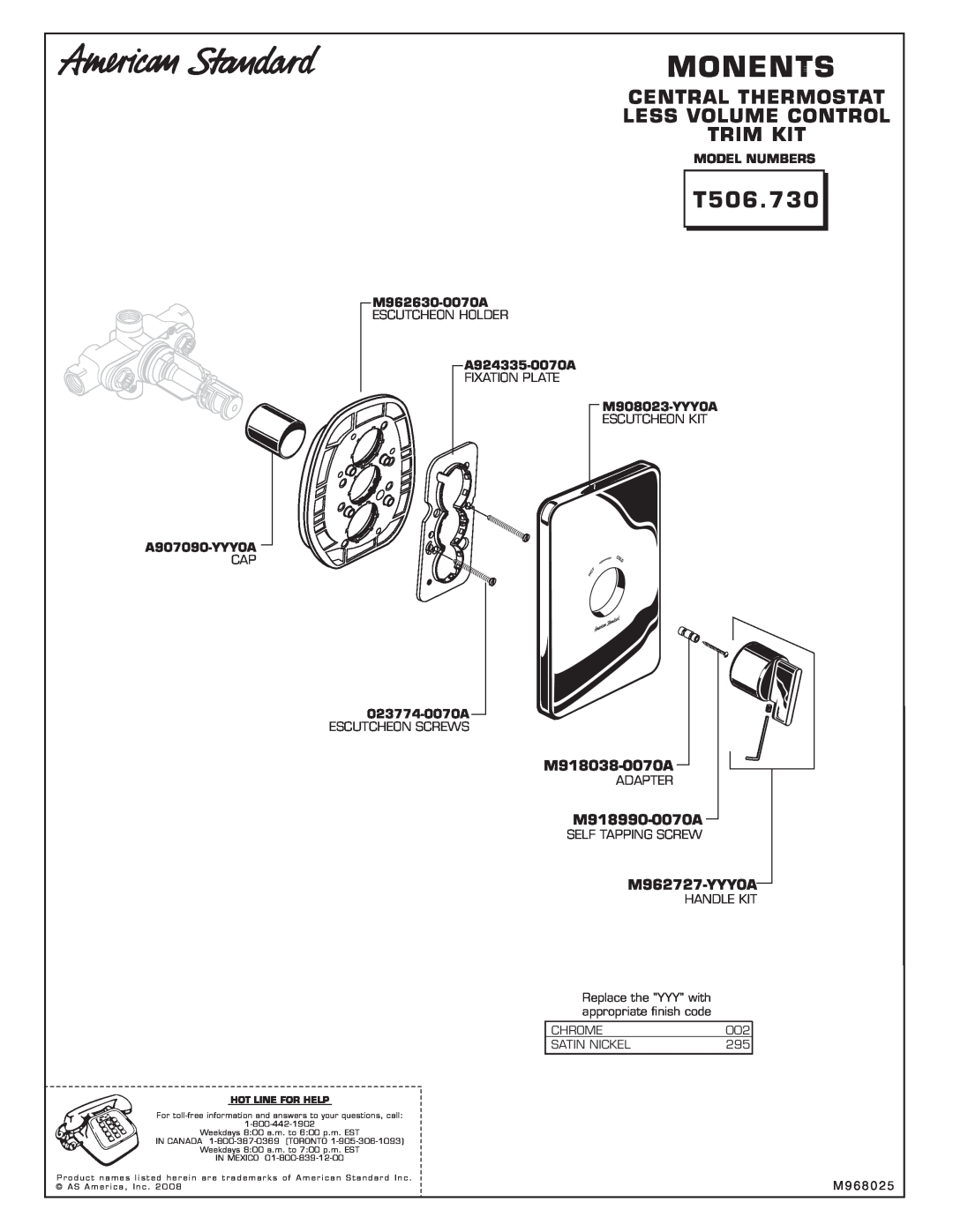 American Standard T506.730 Monents, Central Thermostat Less Volume Control Trim Kit, M918038-0070A, M918990-0070A, Chrome 
